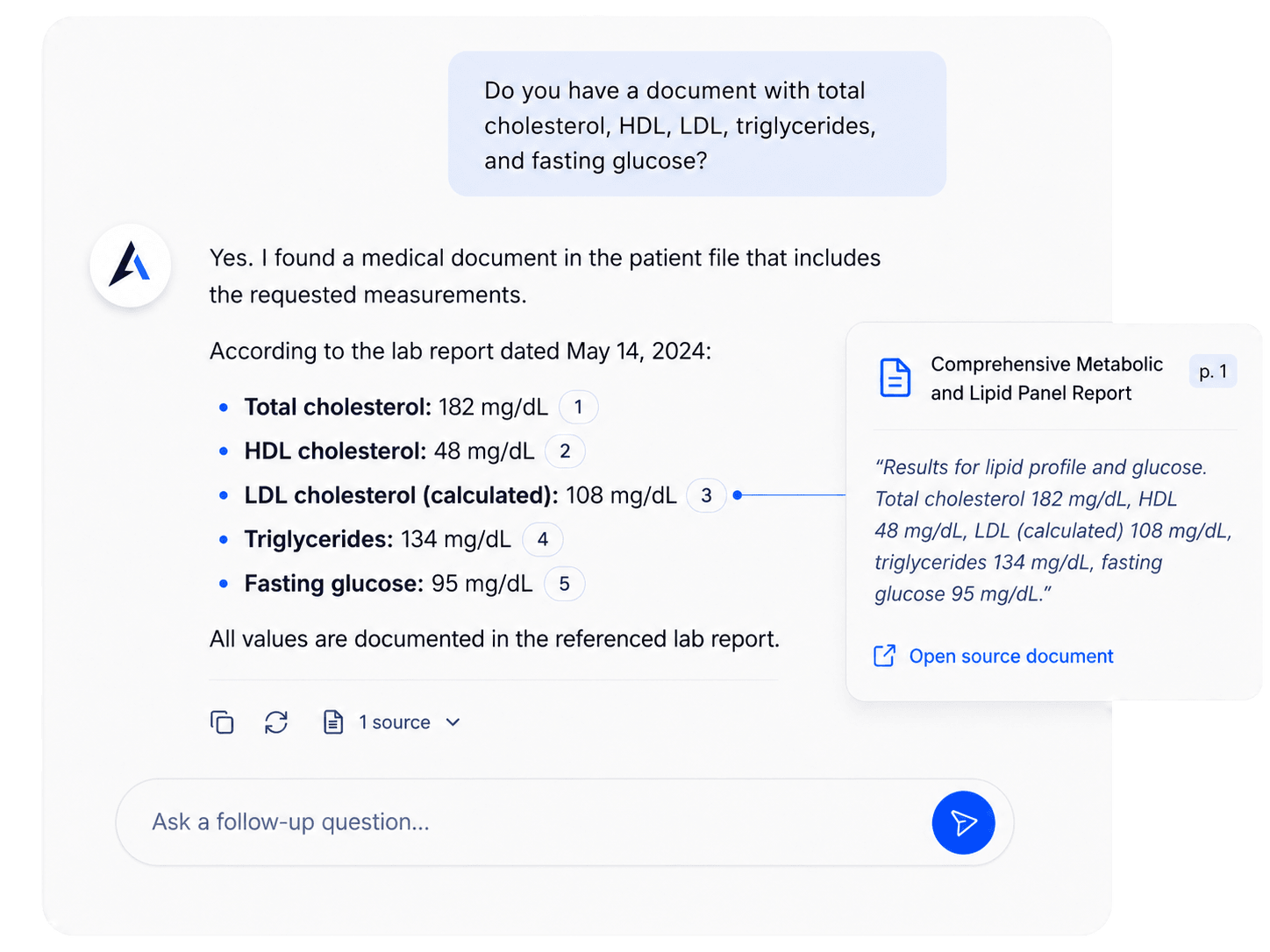 Avicen source-backed chat: asking about cholesterol values with proof source popup showing the exact document reference