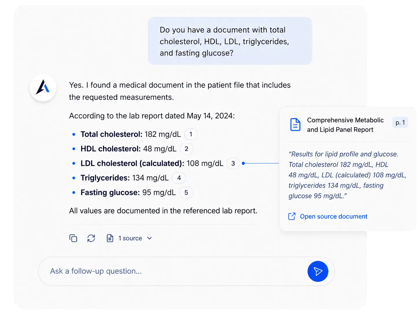 Avicen chat with proof source popup showing the exact document reference Avicen chat with proof source popup showing the exact document reference